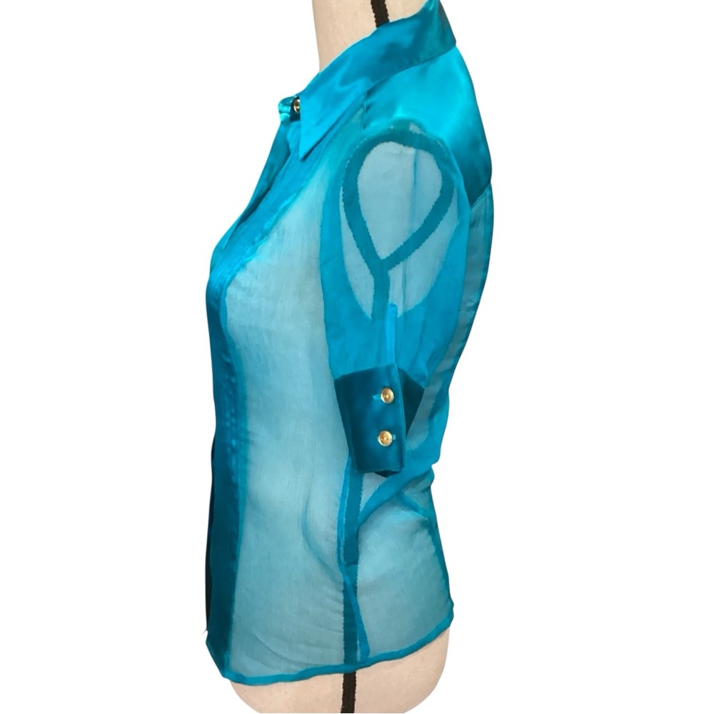 Marciano 100% Silk Sheer Panel Ocean Blue Short Sleeve Blouse, Size XS Y2K 90s - Picture 6 of 11